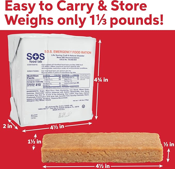 S.O.S. Rations Emergency 3600 Calorie Food Bar - 3 Day / 72 Hour Package with 5 Year Shelf Life- 5 Packs