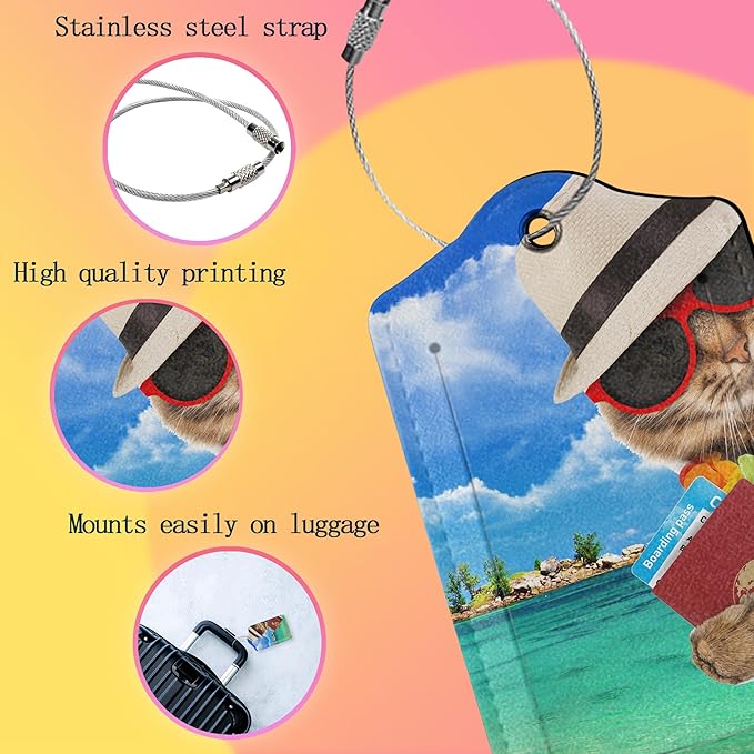 Luggage Tags for Suitcase,2 Pack Funny Cat Leather Travel Cruise Luggage Tag with Privacy Flap,Name ID Label and Metal Loop for Women Girls Suitcase Backpack