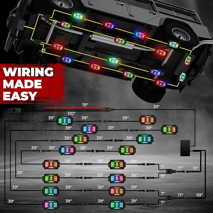 16 Pods Five Sided RGB Rock Lights for Trucks Jeep UTV SUV ATV Golf Cart, Multi Chasing Color App/Remote Control Led Rock Lights with Music Mode, Waterproof Exterior Underglow Kits for Cars