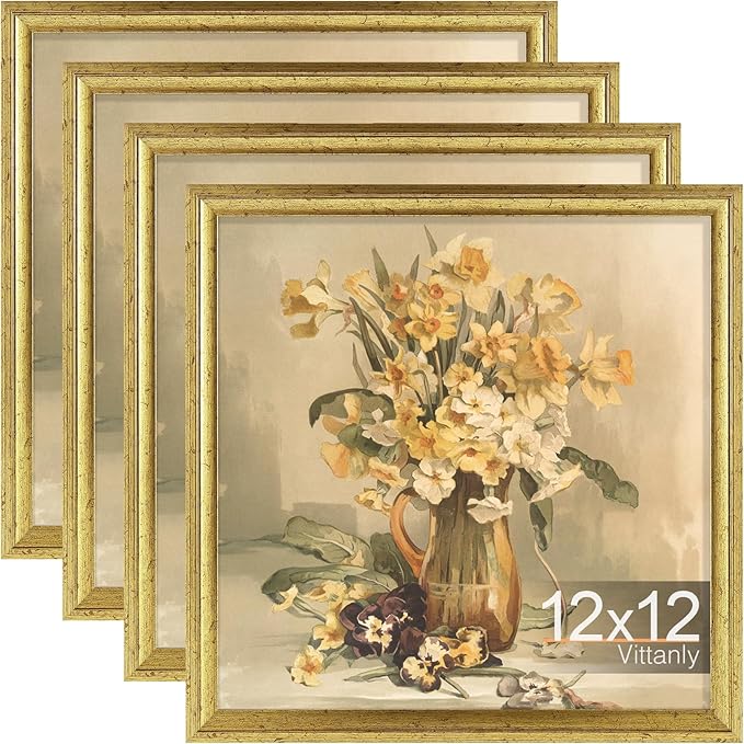 Vittanly 12x12 Picture Frame Set of 4, Vintage Photo Frame for Wall or Tabletop, Display 8x8 Pictures with Mat or 12x12 without Mat, Rustic Farmhouse Home Decor, Gold