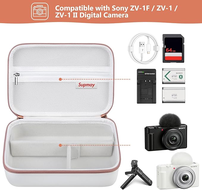 Hard Travel Case for Sony ZV-1F / ZV-1 / ZV-1 II Digital Camera, Protective Cases Bag Fits Vlogger Accessory Kit Tripod and Microphone, Extra Zipper Pocket fit Battery Charger, White Rose Gold