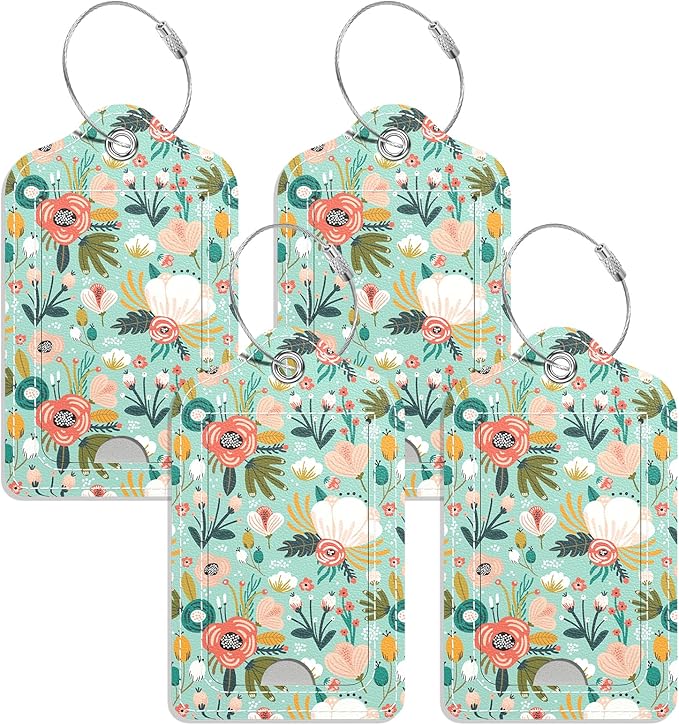 Luggage Tags for Suitcase, 4 Pack PU Leather Travel Cruise Luggage Tag with Privacy Flap, Name ID Label and Metal Loop for Women Men Girls Suitcase Baggage Bag Backpack, Green Flowers