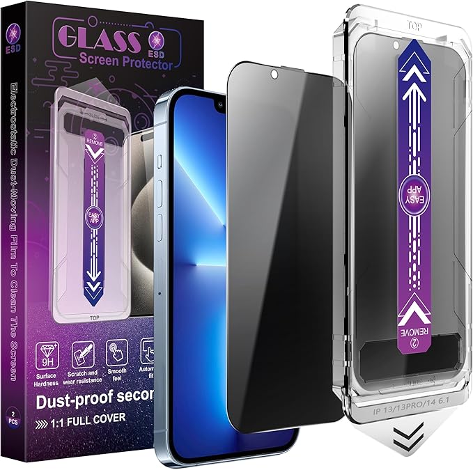 CHISHA 2-Pack Privacy Screen Protector for iPhone 14 and iPhone 13 and iPhone 13 Pro 6.1-Inch, Auto Dust Removal, No Bubbles,Anti-Spy Tempered Glass Film, Easy Installation