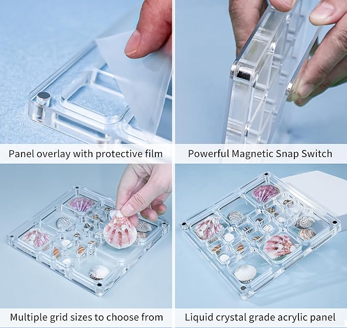 Multi-Style Clear Acrylic Magnetic Seashell Display Case, Shadow Box for Tiny Treasure Hunting Seashell Holder Display Grid Cabinet, Jewelry Crystal