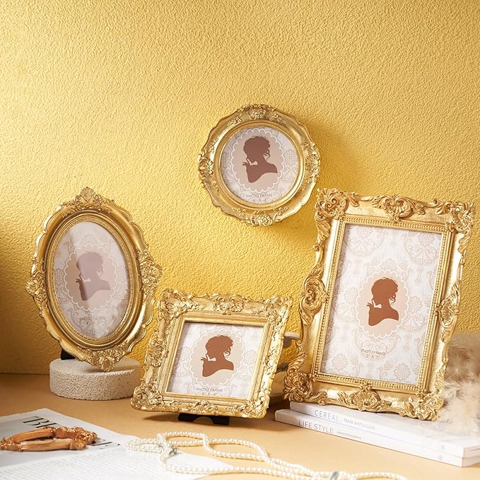 4 Pcs Vintage Picture Frames 5x7 4x6 4x4 inch Baroque Gold Resin Photo Frames with Glass Front Ornate Wall Hanging and Tabletop Display for Retro Home Decoration Wedding Gallery Hotel(Floral)