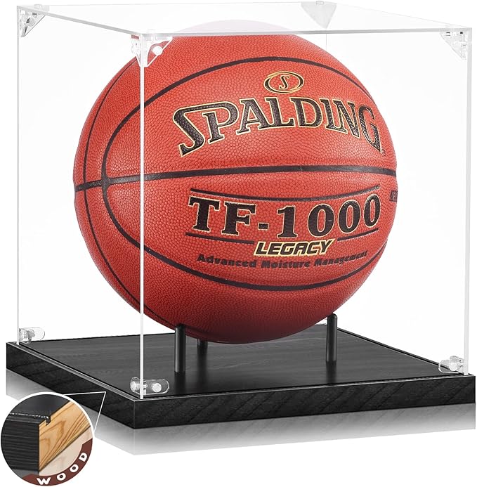 JupDec Basketball Display Case Acrylic Clear 10" Full Size with Solid Wood Base, UV Protected Soccer Display Stand Box for Autographed Standard NBA WNBA Ball Memorabilia Keepsake Ideal Gift, Black