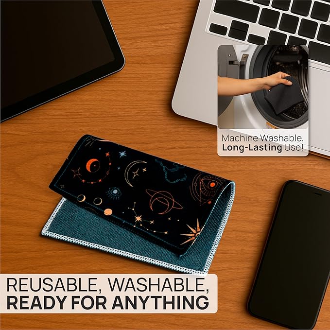 Quick Cloth Microfiber Glasses Cleaning Cloths – 5x7, Astrology, 2 Pack with Case | Double-Sided Lens Cleaner for Eyeglasses, Camera, Screens & Glass | Reusable Microfiber Glass Polishing Cloths