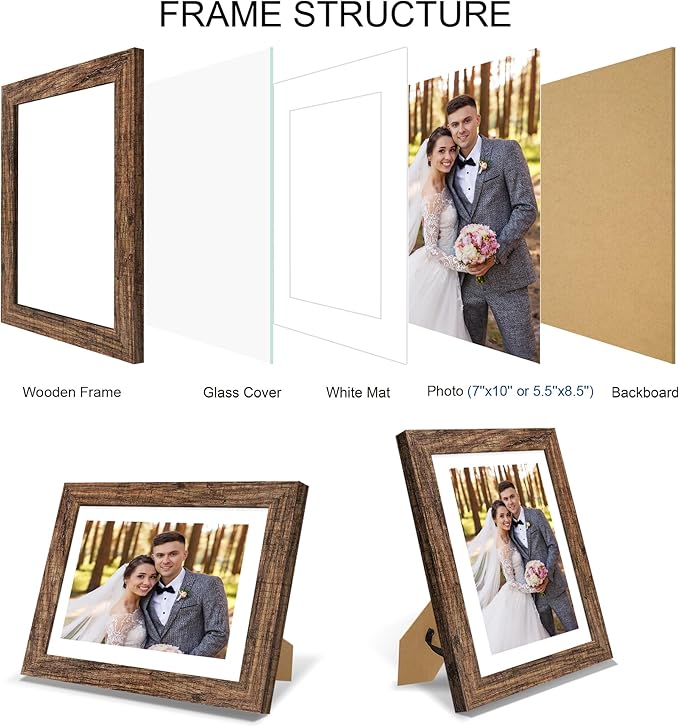 7x10 Picture Frame Set of 4, Made of Real Glass and Rustic Brown Frame - Display 5.5 x 8.5 Diploma Frame with Mat or 7x10 Without Mat, 7 by 10 Photo for Wall or Tabletop