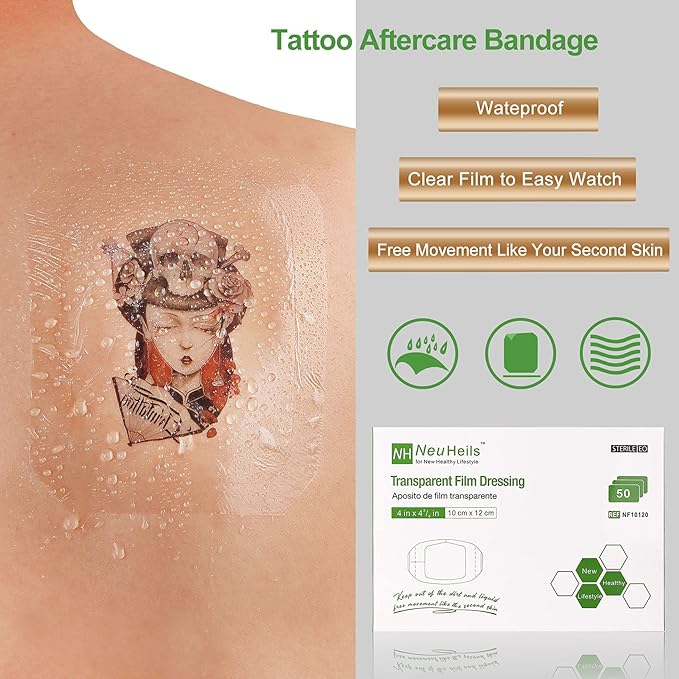 NeuHeils Transparent Film Dressing 4" x 4 3/4" 50 Packs, Large Waterproof Wound Cover Bandage, Post Surgical Shower or IV Shield, Tattoo Aftercare Bandage, Adhesive Patch