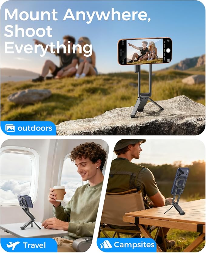 LULULOOK Rugged Magnetic Phone Tripod Stand for iPhone/Pixel 10 - Portable Strong Magnetic Phone Holder for Magsafe - Tripod Mount for iPhone 13/14/15/16/17 Pro Max & Air (Dark Grey)