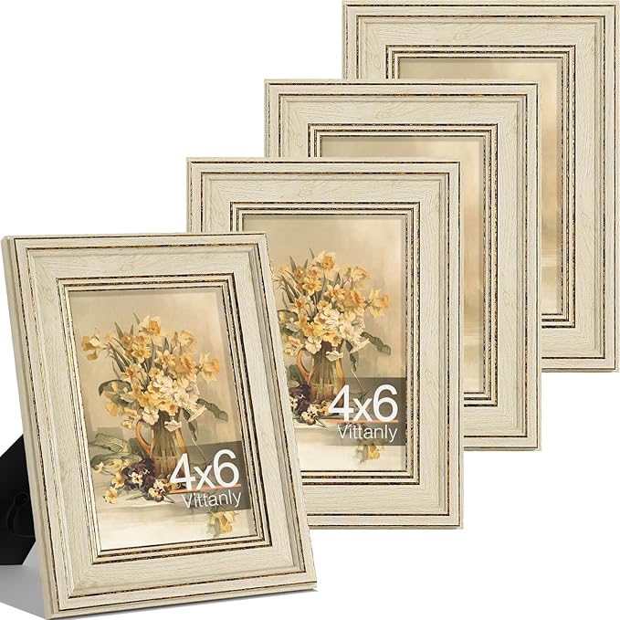 Vittanly 4x6 Picture Frame Set of 4, Vintage Photo Frame for Wall or Tabletop, Display 4x6 Pictures, Rustic Farmhouse Home Decor, Rustic White
