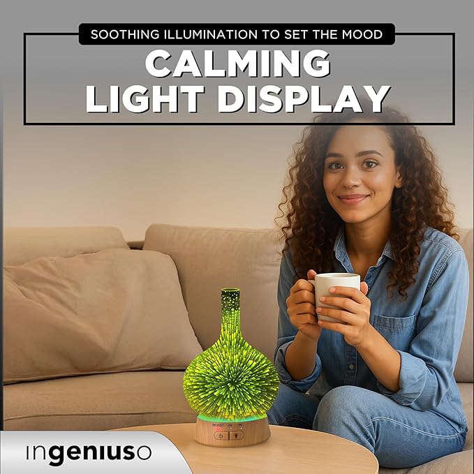 Aromatherapy Essential Oil Diffuser w/ 3D Glass Vase Cover & Colorful LED Light Display | Cool Mist Fragrance Diffuser for Bedroom, Large Room & Dorm | Auto Shut-Off Humidifier w/ 6 Essential Oils