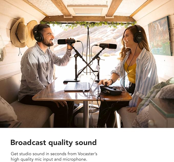 Focusrite Vocaster Two Studio — Podcasting Interface for Recording Host & Guest, with Professional Quality Vocaster DM14v Dynamic Microphone & HP60v Headphones. 2 Mic Inputs & Headphone Outputs