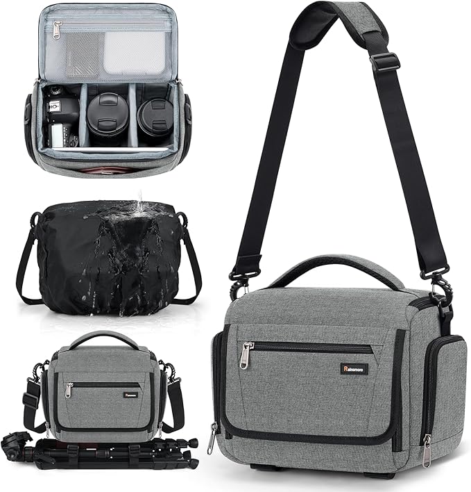 RAINSMORE Waterproof Camera Bag with Tripod Holder for Canon, Sony, Nikon, and Fujifilm – Small Sling Camera Case for Photographers, Grey