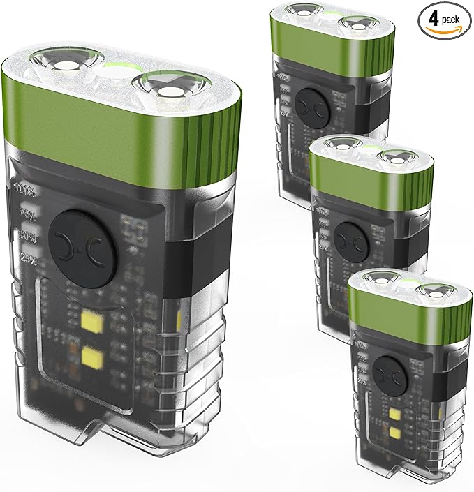 Rechargeable EDC Clip Flashlight, 10 Lighting Modes 2 Illumination Angles, USB C Charging Mini Flashlight Magnetic for Home, Christmas Gift, Walk, Emergency, Night Working, 4 Pack, Green