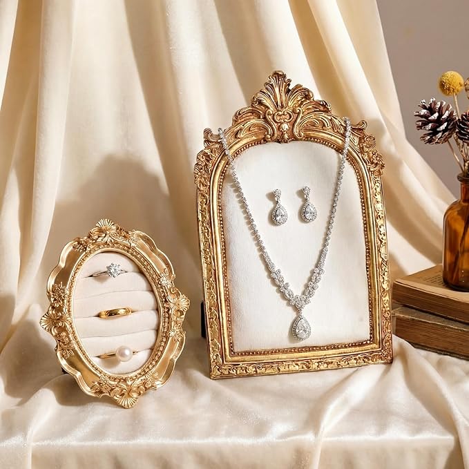 2 Pcs Vintage Ring Holder Jewelry Display Stand for Vendors Necklace Jewelry Organizer with Velvet Backing for Women Engagement Wedding Anniversary(Charming,White)