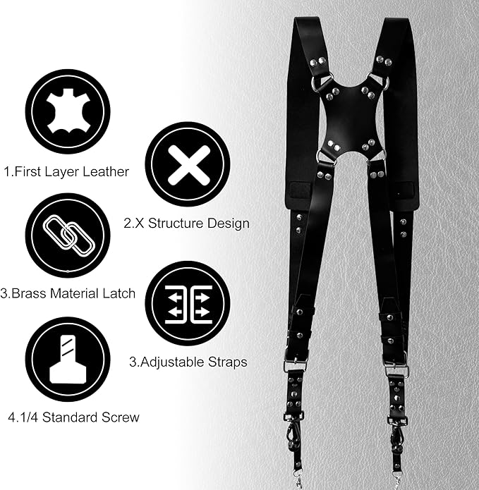 Double Camera Strap, Shoulder Camera Strap Harness Leather Dual Camera Strap for Two DSLR/SLR Cameras, Adjustable
