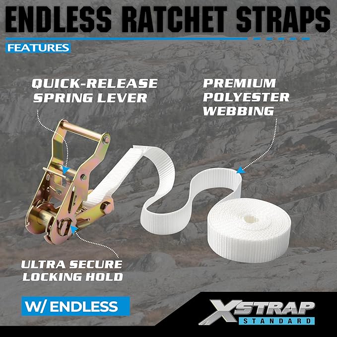 XSTRAP STANDARD 4PK 1" Endless Ratchet Straps - 2500lbs Breaking Strength Heavy Duty White Tent Securing Straps, Track Spring Fittings, 10ft Tie Downs for Tents/Trailers/Kayaks