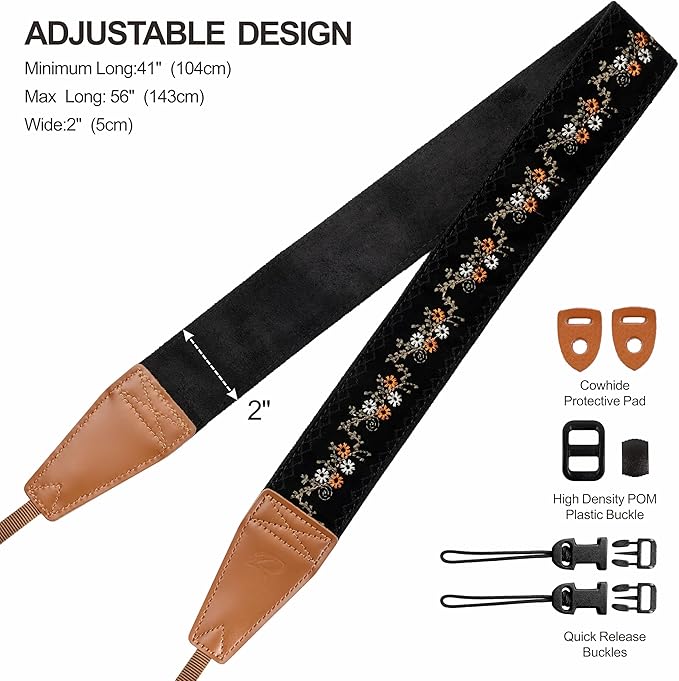 Padwa Lifestyle Camera Strap - 2" Full Grain Leather Ends Camera Straps for Photographers, Vintage Embroidered Cotton Weave Soft Suede Fabric Padded Strap Quick Release fits All Cameras