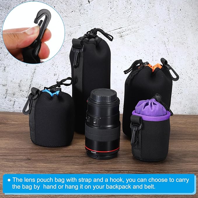 PATIKIL 3 Pcs 3.7" ID x 9.8" H Neoprene Lens Pouch Bag for DSLR Camera Lens, Waterproof, Shockproof, Wear-Resistant, Black