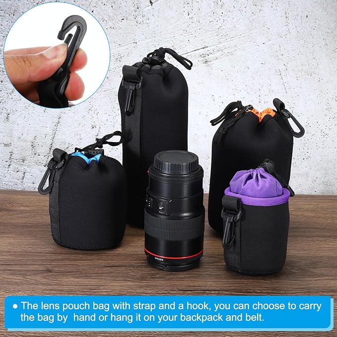 PATIKIL Camera Lens Bag, 3 Pcs 3" ID x 3.9" H Drawstring Pouch With Thick Protective Neoprene, Case for DSLR Camera Lens, Water Coffee Cups Black