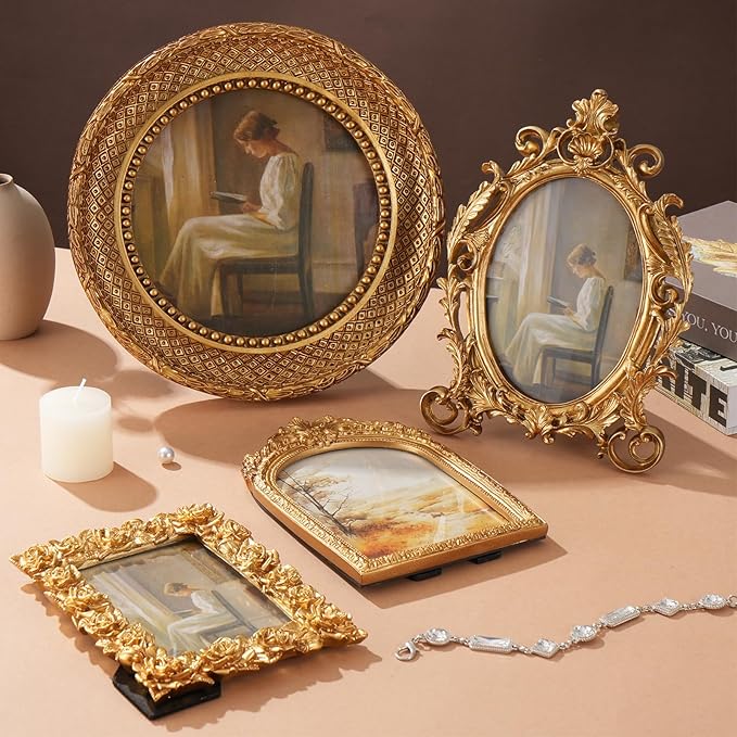 4 Pcs Gold Vintage Picture Frames for Tabletop Display Wall Hanging, Ornate Antique Photo Frame with Stand and Hanging Hook, Royal Style Wall Art Decor for Home Wedding Gallery Photography Props