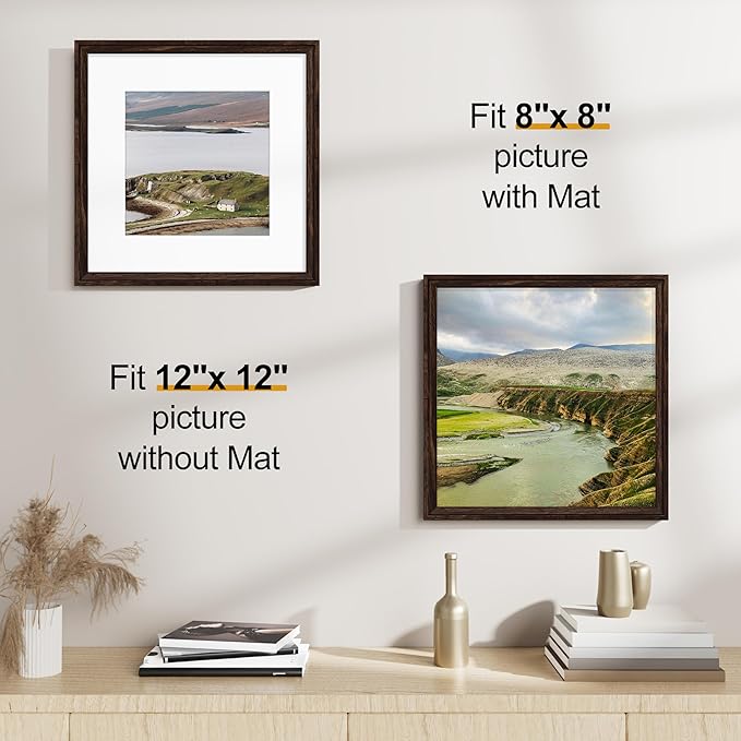 Vittanly 12x12 Picture Frames Set of 2, Ornate Vintage Photo Frame for Wall or Tabletop, Display 8x8 Pictures with Mat or 12x12 without Mat, Rustic Brown