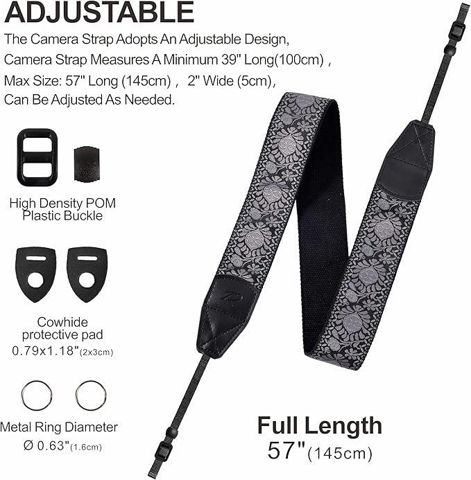 Padwa Lifestyle Camera Strap - 2" Retro Jacquard Embroidery Flower Camera Straps for Photographers,Adjustable Wide Camera Neck/Shoulder Strap with Genuine Leather Head for All DSLR/SLR Digital Cameras