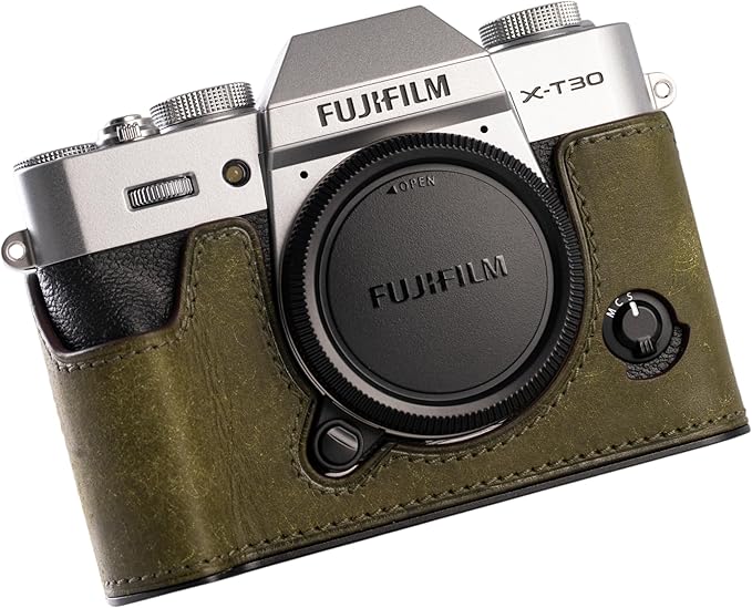 Handmade Genuine Leather Camera Half Case for FUJIFILM X-T30III /FUJIFILM X-T30III Camera Case/FUJIFILM X-T30III Case - Top Layer Cowhide Body + Metal Base Plate (Matte-Green)