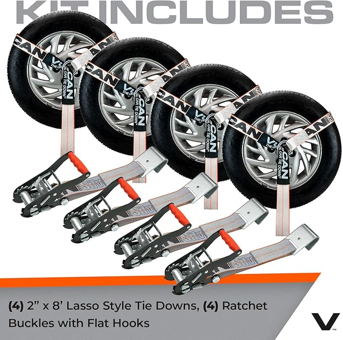 VULCAN Car Tie Down with Flat Hooks - Lasso Style - 2 Inch x 96 Inch - 4 Pack - Silver Series - 3,300 Pound Safe Working Load