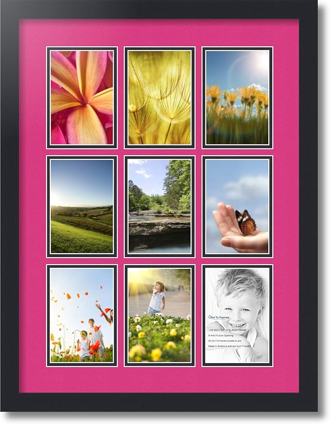 ArtToFrames Collage Photo Frame Double Mat with 9-4x6 Openings with Satin Black Frame and Tulip mat.