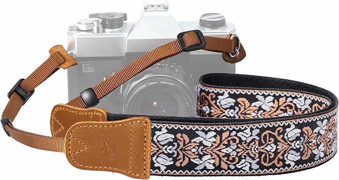 Padwa Lifestyle Camera Strap - 1.5" Crazy Horse Cowhide Head Cotton Strap,Vintage Embroidery Camera Straps for Photographers and All Cameras,Cute Adjustable Shoulder Neck Strap for Adults & Kids