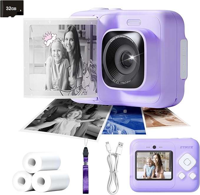 ETIKEZ Instant Print Camera for Kids, HD Digital Camera, Christmas Birthday Gifts for 4 5 6 7 8 9 10 Year Old Girls Boys, Portable Toy Camera with 32GB SD Card & 3 Rolls Printing Paper, Violet