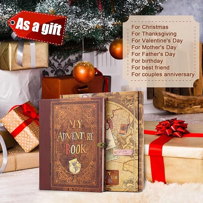 My Adventure Book Scrapbook 124 Pages Retro Style Embossed Photo Album,DIY Handmade Memory Travel Diary Photo Scrapbook for Couples,Anniversary,Wedding,Valentines Day Gifts(Brown)