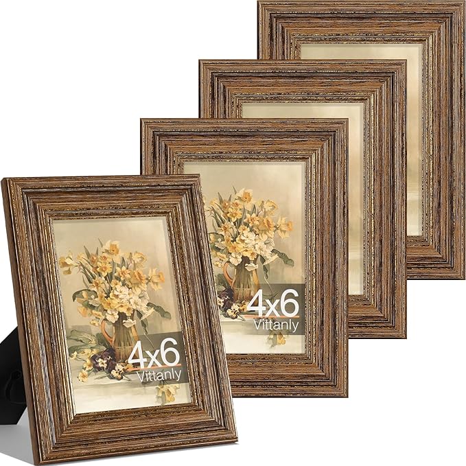 Vittanly 4x6 Picture Frame Set of 4, Vintage Photo Frame for Wall or Tabletop, Display 4x6 Pictures, Rustic Farmhouse Home Decor, Walnut
