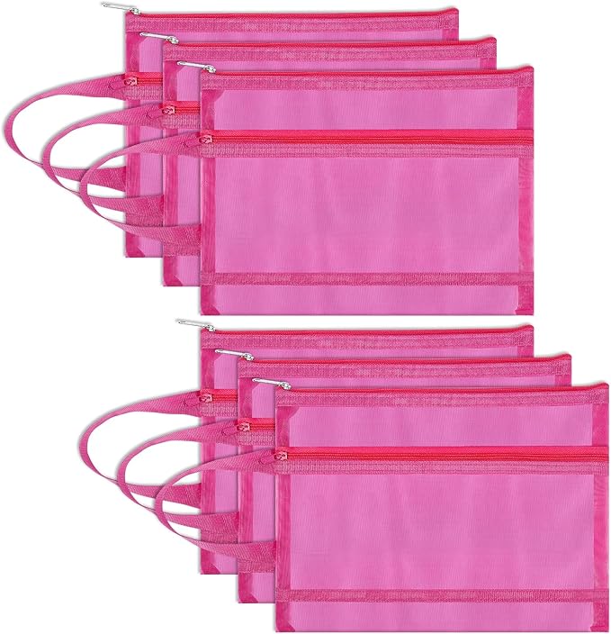 Fassave 6 Pack Mesh Zipper Pouch Bags, Double Layer Nylon Pouch with Handle for Office Travel Organization (Hot Pink, A5)
