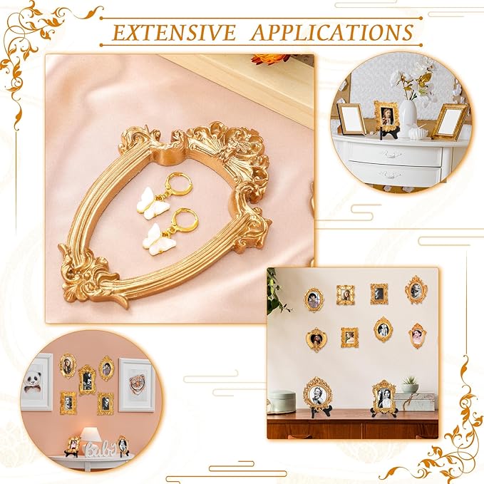 Tatuo 30 Sets Mini Picture Frames and Display Stands Vintage Resin Picture Frame Resin Holder for Home Office Bedroom Living Room Wedding Decor (Gold)