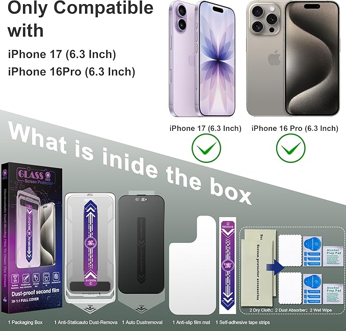 SHANG PIN JIA 2 Pack Matte Privacy Screen Protector for iPhone 17&16 Pro 6.3-Inch Auto Dust Removal, No Bubbles,Anti-Spy Tempered Glass Film, Easy Installation