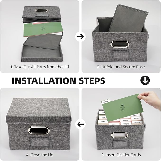 Hiwhy Greeting Card Storage Box, Linen Storage Box with 32 Adjustable Dividers, 168 Labels, 2 Marker Pen, Perfect for Organizing Greeting Cards, Envelopes, Photos 2 Pack Grey