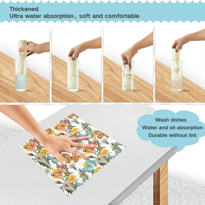 CaTaKu Wild Flower Butterfly Kitchen Towel Set of 6 Reusable Cleaning Cloths Bar Hand Towel Dishcloths