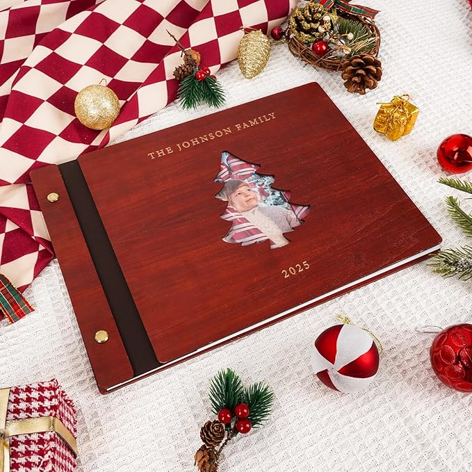 Personalized Christmas Photo Album - Wooden Custom Memory Photo Album, Vintage Memory Book for Family Holiday Memories, Unique Christmas Gift