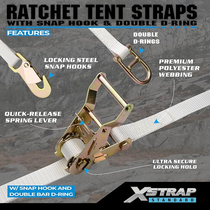 XSTRAP STANDARD 4PK 1" Ratchet Tent Straps with Snap Hook & Double D-Ring - 12ft Heavy Duty Tie Downs for Canopies, Tents, Inflatables, Camping, Event