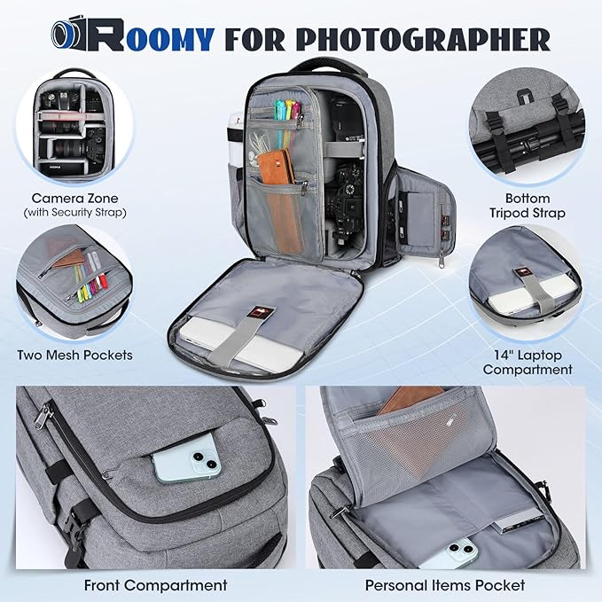 Camera Backpack Camera Bag for Photographers DSLR SLR Mirrorless Camera Cases with Waterproof Rain Cover & Laptop Compartment Fits 14 Inch Laptop,Anti Theft Travel photography backpack,Grey