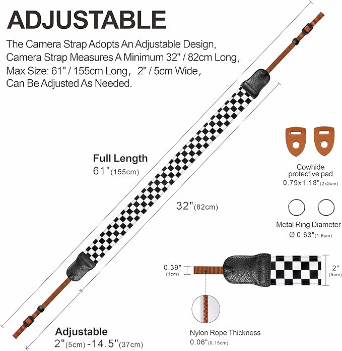 Padwa Lifestyle Black and White Plaid Camera Strap - 2" Wide Double Layer Cowhide Head,Cotton Camera Shoulder Straps,Grid Pattern Adjustable Camera Neck Strap for all Cameras,Gift for Photographers