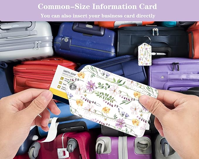 (Set of 2) Luggage Tag Leather Privacy Cover ID Label Address Card with Stainless Steel Loop, Travel Bag Tags Suitcase Labels, White Daisy