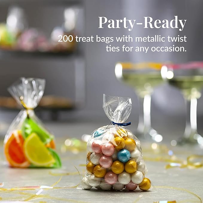 Prestee 200 Pack Clear Plastic Cellophane Bags - 4x6 with 4" Twist Ties, Candy & Cookie Bags, Treat Bags with Ties, Clear Gift Bags (Pack of 200)