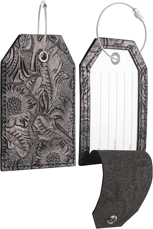 Genuine Leather Set of 2 Luggage Tag with Full Back Privacy Name ID Card Stainless Steel Loop Suitcase Labels Identifiers Baggage Tags Luggage for Women Men Travel (Black Flower)
