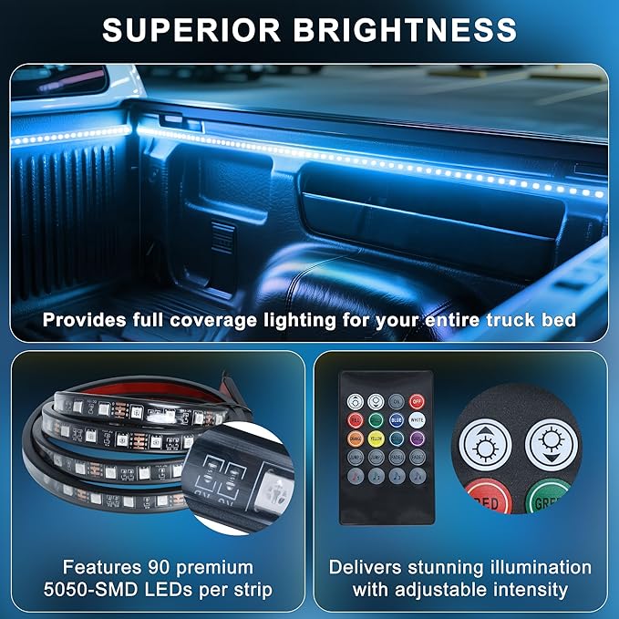 2PCS 60" RGB Truck Bed Light Strip Kit Remote Controlled Color Changing LED Bars with Music Sync, IP67 Waterproof for Pickup Trucks, SUVs, RVs/Boats