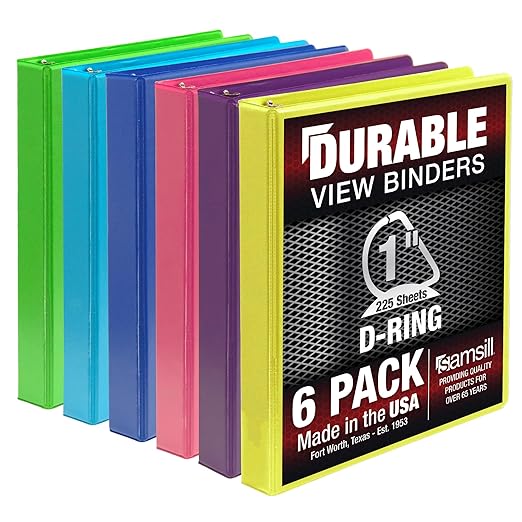 Samsill Durable 1 inch 3 Ring Binder, Made in USA, D Ring Binder, FSC 100% Recycled Chipboard, Island Assortment, 6 Pack