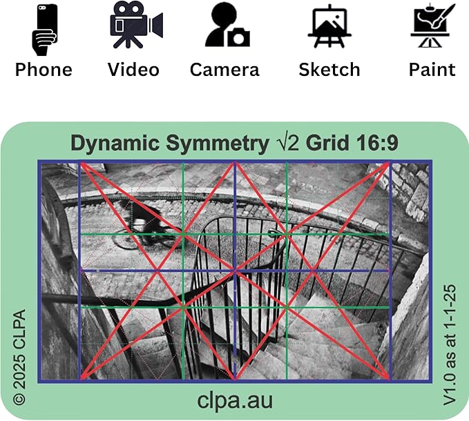 CLPA Dynamic Symmetry Root 2 - Directors and Artists Camera and Drawing Viewfinder: Credit Card-Sized Composition Grids for Video, Photography & Art - Set of 3 View Finders in 4:3, 3:2, & 16:9
